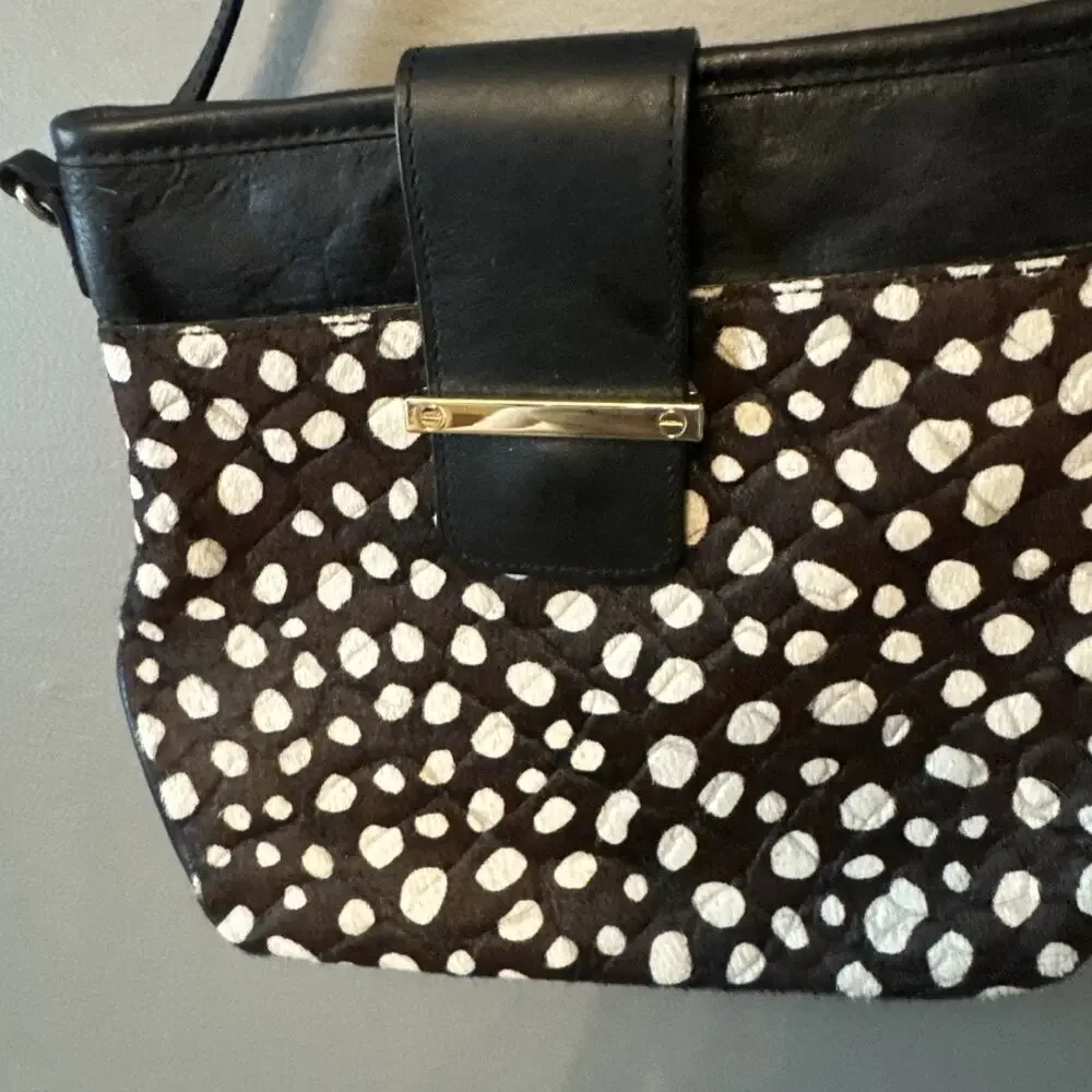 Talbots Black Leather Calfhair Chita Pattern Small Crossbody‎ Purse 9.5x9x3